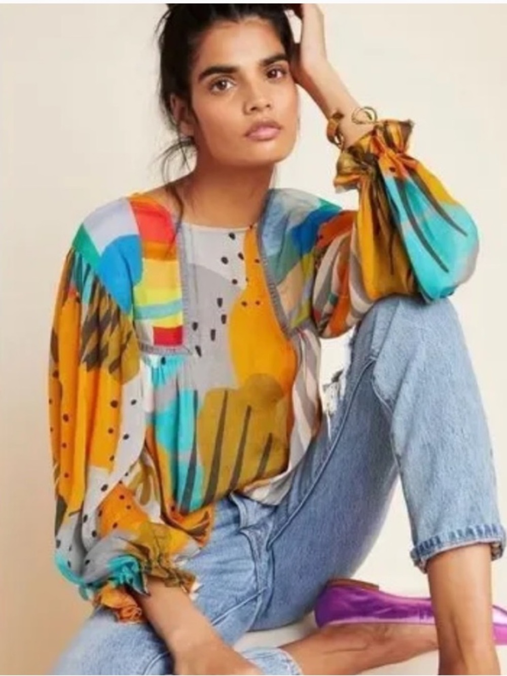 Anthropologie BI^nk London Miranda Boho Peasant Blouse Gold Black Floral Size 3X